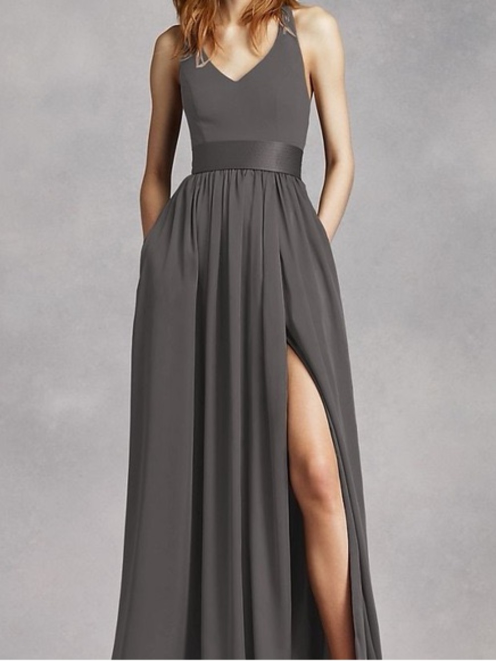 WHITE by Vera Wang 4 V-Neck Charcoal Maxi Dress with Thigh Slit. Read descriptio